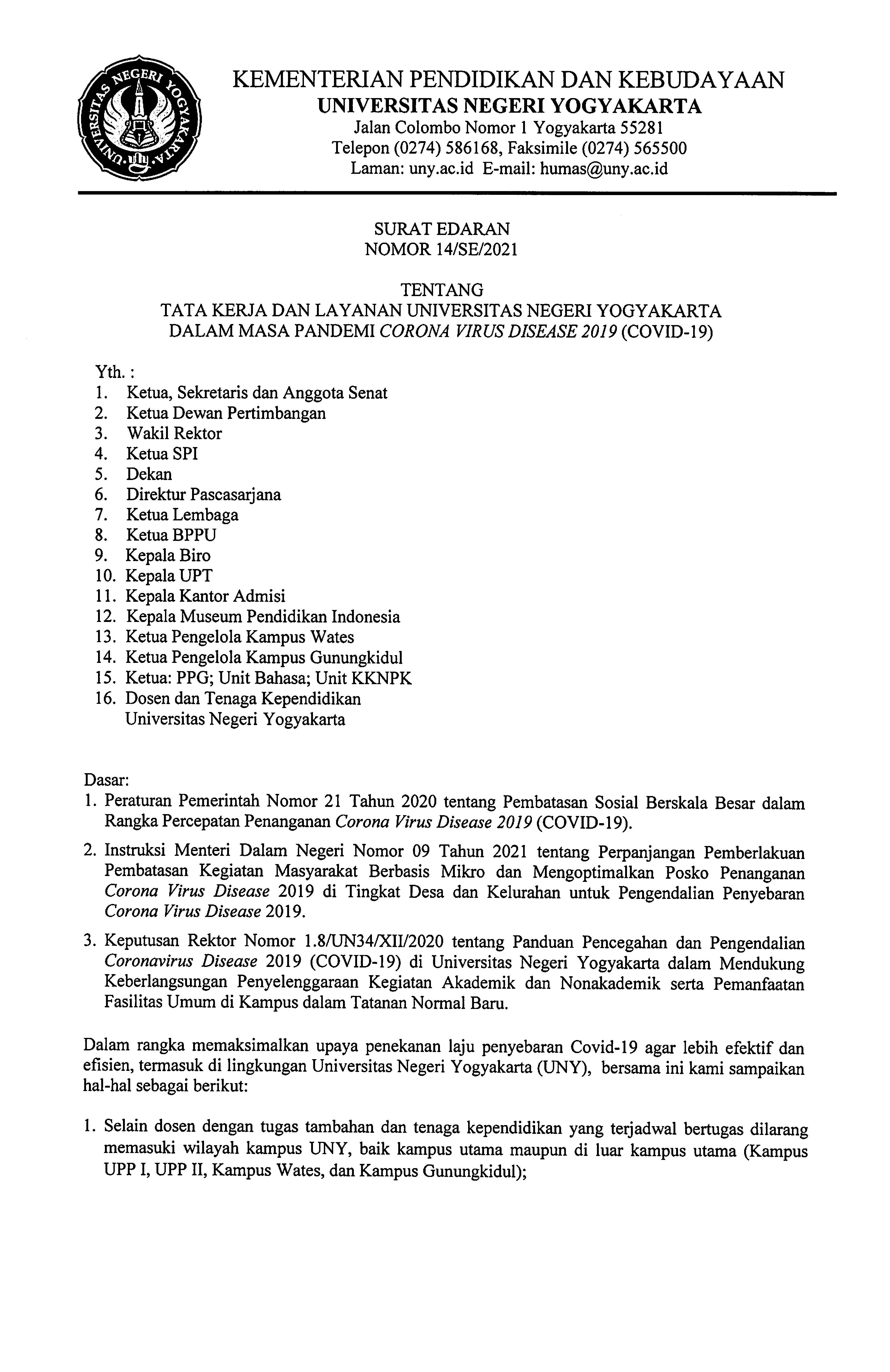 SURAT EDARAN NO. 14/SE/2021 TENTANG TATA KERJA DAN LAYANAN UNY DALAM ...